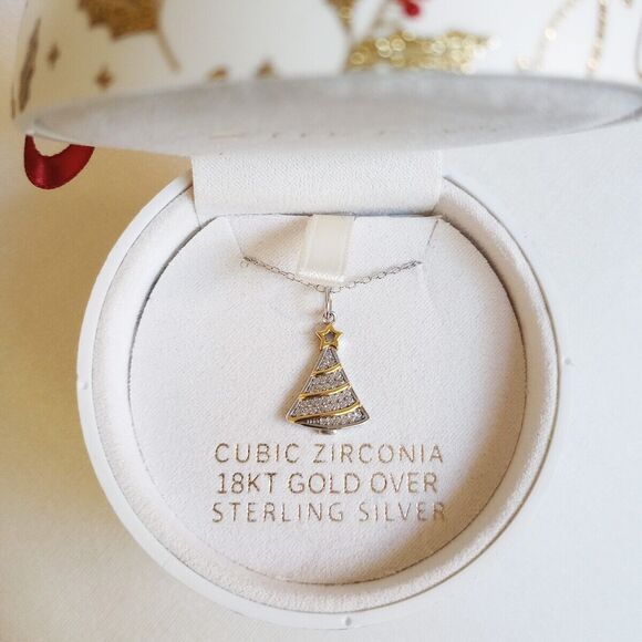 NWT 18K GP Sterling Silver Ornament Box Christmas Tree Pendant 18" Necklace - Picture 4 of 5